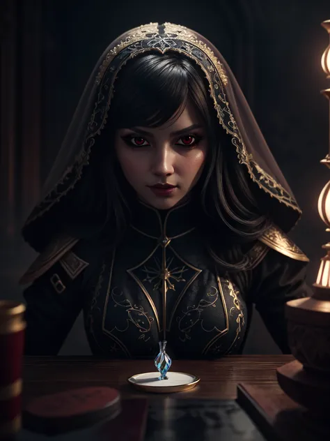 detailed beautiful female evil necromancer, dark, amazing detail, symmetrical,, professional color grading, masterpiece, high contrast, (deep shadow:1.2), (dark:1.1), (masterpiece:1.1), (dramatic lighting:1.1), light particles, warm tones, (creamy bokeh:1.1), hyper-realistic lifelike texture, trending on social media, Adobe Lightroom, depth of field, <hypernet:sxzBloom_sxzBloom:0.4>, <lora:LowRA:0.6>