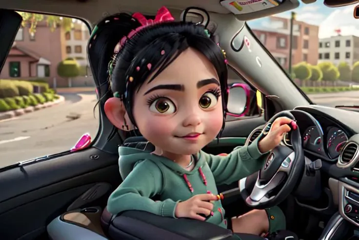 1girl, <lora:VRAMsVanellope:1>, xyzvanellope, 1girl, beautiful, short, portrait, candy, solo, hair ornament, bow, striped, chibi, hoodie, happy, green,(Driving:1.2), siting in side car, holding steering wheel, perspective from outside the car, <lora:locon_perfecteyes_v1_from_v1_64_32:1>