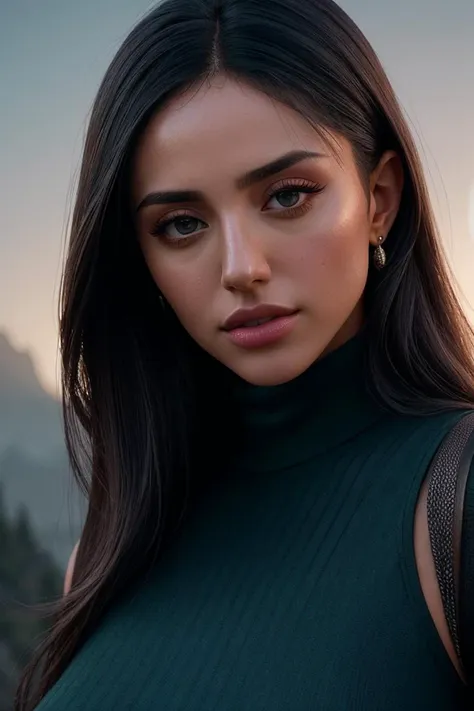 perfect cinematic shoot of a beautiful woman (EPB4kh4rN4b13v4:.99), a woman standing at a mountain top, perfect high ponytail, wearing sexy teal (turtleneck), (eclipse in background:1.2), (detailed background:1.1), (face focus), modelshoot style, (extremely detailed CG unity 8k wallpaper), professional majestic (photography by Roberto Ferri:1.1), 24mm, exposure blend, hdr, extremely intricate, High (Detail:1.1), dramatic, soft cinematic light, (looking at viewer), (detailed pupils),8k, highly detailed, rich environment, 4k textures, soft cinematic light, elegant, ((((cinematic look)))), soothing tones, insane details, hyperdetailed, ("In Jernau we trust!":1.1)