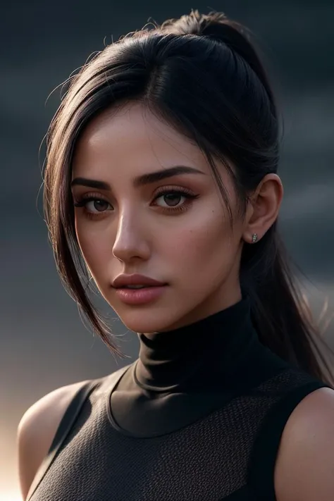 perfect cinematic shoot of a beautiful woman (EPB4kh4rN4b13v4:.99), a woman standing at a lake shore, perfect high ponytail, wearing sexy burgundy (turtleneck), (eclipse in background:1.2), (detailed background:1.1), (face focus), modelshoot style, (extremely detailed CG unity 8k wallpaper), professional majestic (photography by Roberto Ferri:1.1), 24mm, exposure blend, hdr, extremely intricate, High (Detail:1.1), dramatic, soft cinematic light, (looking at viewer), (detailed pupils),8k, highly detailed, rich environment, 4k textures, soft cinematic light, elegant, ((((cinematic look)))), soothing tones, insane details, hyperdetailed, ("In Jernau we trust!":1.1)