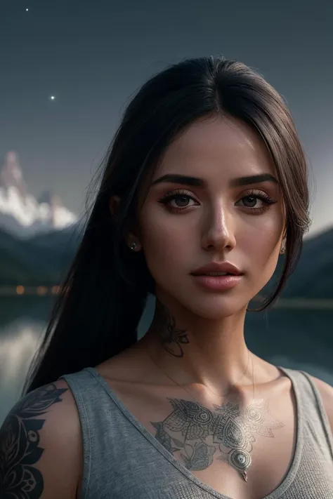 perfect cinematic shoot of a beautiful woman (EPB4kh4rN4b13v4:.99), a woman standing at a lake shore, perfect high ponytail, wearing sexy gray (top), (meteor showers in background:1.2), (detailed background:1.1), (face focus), modelshoot style, (extremely detailed CG unity 8k wallpaper), professional majestic (photography by Roberto Ferri:1.1), 24mm, exposure blend, hdr, extremely intricate, High (Detail:1.1), dramatic, soft cinematic light, (looking at viewer), (detailed pupils),8k, highly detailed, rich environment, 4k textures, soft cinematic light, elegant, ((((cinematic look)))), soothing tones, insane details, hyperdetailed, ("In Jernau we trust!":1.1)