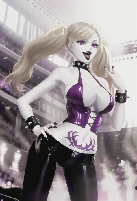 High quality, extremely detailed, best quality, perfect face, ((crowded concert hall)), <lora:Ann Takamaki:.6> <lora:RockOfSuccubus-09:1>, Ann_Takamaki, blonde twintails, Rock of Succubus, purple latex corset, (black latex pants), (((pale skin:1.5), black lipstick)) large breasts, cross-laced clothes, middle finger, grin, open mouth, tongue out, (belly tattoo:1.4), spiked choker, ((spiked wristbands)), aroused