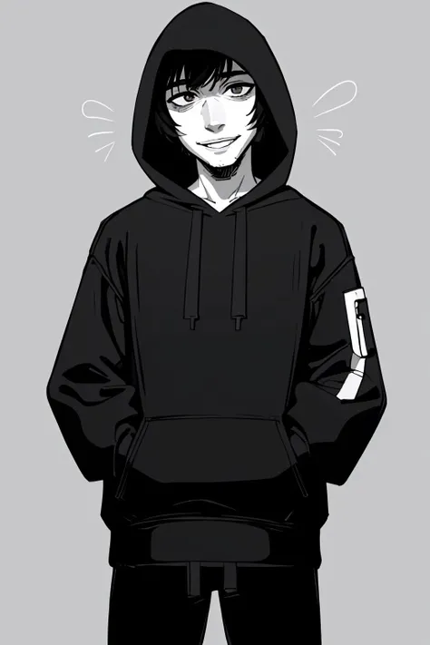 (masterpiece, best quality:1.2), monochrome, greyscale, solo, male focus, 1boy, anintruder, smile, looking at viewer, hands in pockets, hood up, black hoodie, black pants, simple background <lora:mandelacatalogue_intruder-15:1>