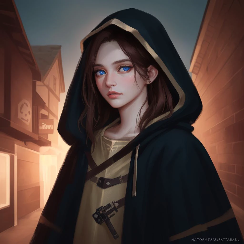 highly detailed candid photo of bandit:1.2, 1girl, solo, long hair, looking at viewer, brown hair, hood, armor, lips, cloak, realistic:1.5, night in the medieval alley, masterpiece, best quality:1.1, cinematic lighting, ultra photoreal, photorealistic:1.3, sharp focus:1.1, depth of field:1.5, 50mm, style of Nathan Wirth, Hasselblad X1D II, Porta 160, blue eyes , art by mooncryptowow, <lora:lora_perfecteyes_v1_from_v1_160:0.8>, <lora:Helf_5LYCO-SD:0.5>, <lora:edgPunkSkirt:0.3>