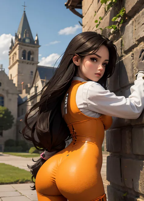 high level of detail, best quality, masterpiece,
<lora:garnettilalexandros_smf_lora_e02:0.9>, 1girl, garnet-smf, orange bodysuit, solo, long hair, ass, (low-tied long hair), bodysuit, black hair, from behind, indoors, gloves, long sleeves, puffy sleeves, looking back, puffy long sleeves, black eyes, looking at viewer, castle, outdoors, trees, clouds