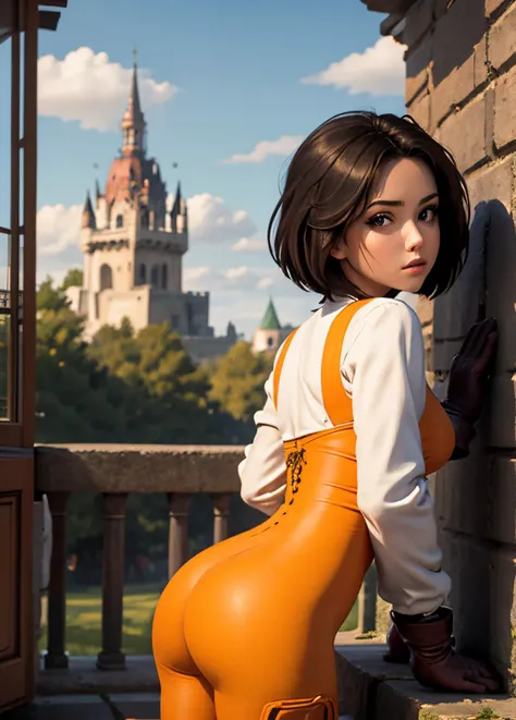 high level of detail, best quality, masterpiece,
<lora:garnettilalexandros_smf_lora_e02:0.9>, 1girl, garnet-smf, orange bodysuit, solo, ass, short hair, bodysuit, black hair, from behind, indoors, gloves, long sleeves, puffy sleeves, looking back, puffy long sleeves, black eyes, looking at viewer, castle, outdoors, trees, clouds