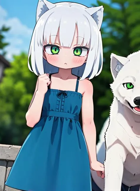 1girl, petite, blue dress, wolf girl, white hair, green eyes, masterpiece, outdoors, park