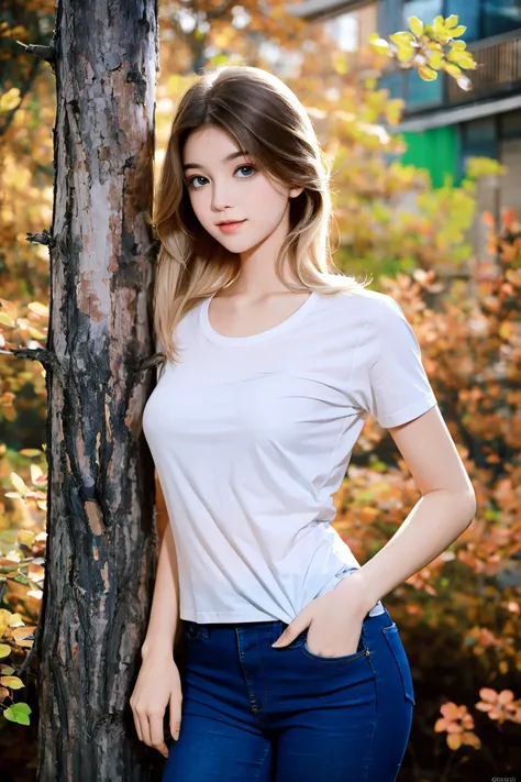 1girl, upper body, flow, T-shirt, upper body, lovely girl, jeans, Best quality, masterpiece, <lora:LibbyHigh-01:1>