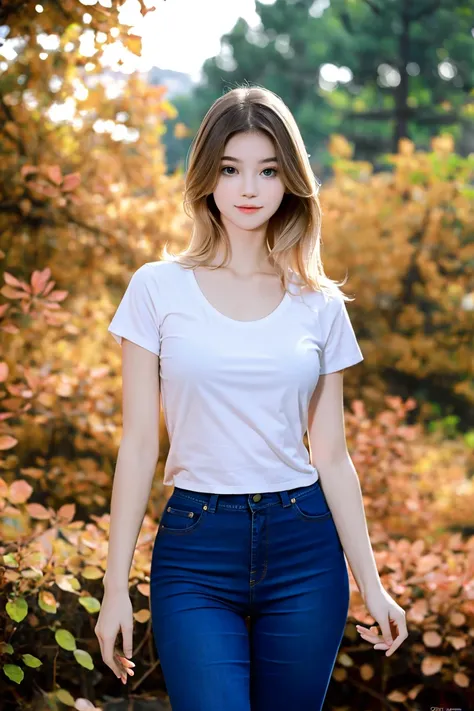 1girl,  upper body, flow, T-shirt, upper body, lovely girl, jeans, Best quality, masterpiece, <lora:LibbyHigh-01:1>