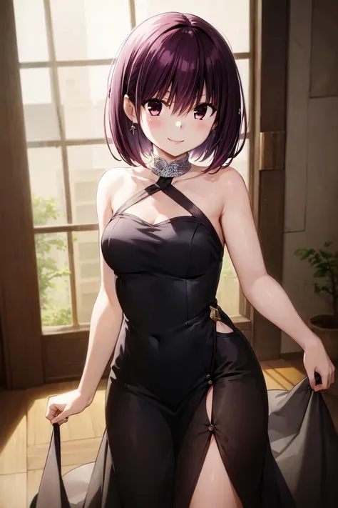 masterpiece, best quality, absurdres, perfect anatomy, 1girl, solo, Kanade Suzu, short hair, side ponytail, elegant, long dress, black dress, halterneck, smile, indoors, jewelry, palace, smile, <lora:KanadeSuzu:1>