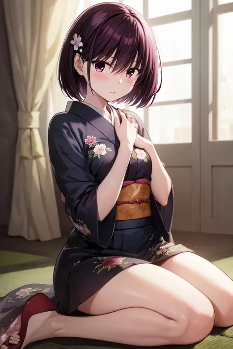 masterpiece, best quality, absurdres, perfect anatomy, 1girl, solo, Kanade Suzu, short hair, indoors, kimono, hair flower, floral print, wariza, sitting, hands on own knees, <lora:KanadeSuzu:1>
