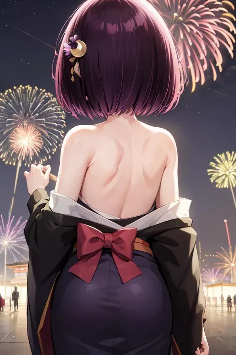masterpiece, best quality, absurdres, perfect anatomy, 1girl, solo, Kanade Suzu, short hair, aurora, back, bare back, bare shoulders, bow, constellation, crescent moon, (facing away:1.3), fireworks, from behind, hair ornament, japanese clothes, kimono, light particles, long sleeves, off shoulder, <lora:KanadeSuzu:1>