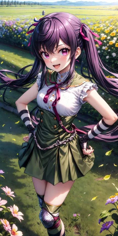 (masterpiece), best quality, (((ultra detailed, 8k quality))), expressive eyes, perfect face, perfect anatomy, perfect body, scene, <lora:scene_:0.7>, <lora:more_details:0.7>, <lora:beautiful_detailed_eyes:0.5>, <lora:GoodHands-vanilla:1>, <lora:give_it_a_name:0.7>,
1girl, kurumi_ebisuzawa, smile, open mouth, looking at viewer, twin tails, hair ribbon, (striped fingerless gloves:1.1), knee pads, green pleated skirt, beautiful landscape, <lora:ebisuzawakurumi:0.8>,
Hand on hips, flower field, grass, mountain