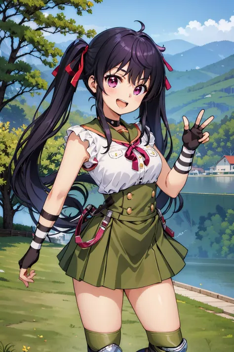 (masterpiece, best quality:1.2), solo, 1girl, kurumi_ebisuzawa, smile, open mouth, looking at viewer, twin tails, hair ribbon, (striped fingerless gloves:1.1), knee pads, green pleated skirt, beautiful landscape, standing pose, <lora:ebisuzawakurumi_2-000011:0.8>