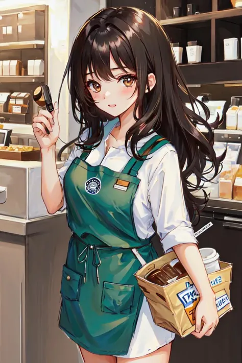 1girl, black hair, brown eyes, coffe apron,