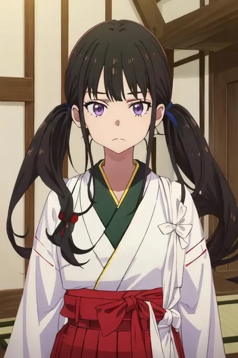 (((Pixel Perfect, Perfect detail))), (1 Girl, solo),  takina inoue, long hair, bangs, twintails, black hair, (purple eyes:1.2), japanese clothes, kimono, apron, waist apron, blue kimono, waitress, Sitting, (between breast:1.3), (Showing panties:1.3), whole body