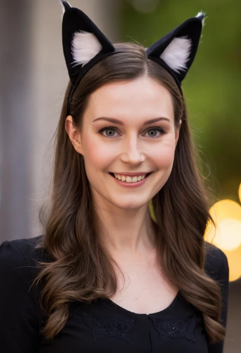 photo of sanna_marin wearing a cat costume smiling at the camera, cat ears, cat tail, age 25, cinematic lighting, bokeh, <lora:sanna_marin_sdxl_60:0.8>