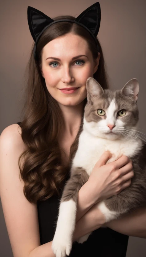 stunning full body photo of beautiful sanna_marin wearing a cat costume and cat ears, age 25, hugging a cat, cinematic lighting, <lora:sanna_marin_sdxl_60:0.75>