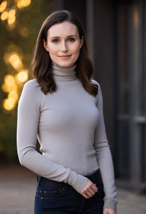 photo of sanna_marin wearing a tight turtleneck sweater, and jeans, age 25, cinematic lighting, full body, bokeh, <lora:sanna_marin_sdxl_60:0.75>