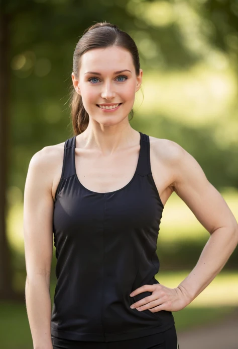 photo of smiling sanna_marin with her hair in a ponytail, wearing revealing exercise clothing, age 25, cinematic lighting,( full body:1.5), bokeh, <lora:sanna_marin_sdxl_60:0.75>