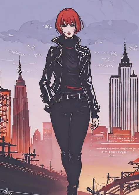 illustration by crepax, fashion model [molly ringwald | winona ryder] with straight (red) hair and bangs, wearing black biker jacket and black shirt and black pants, new york skyline in background ,  <lora:biker_jacket0:0.2>,   <lora:MollyR:0.5> <lora:Winona_Ryder:0.3>  <lora:guidocrepax:1>
