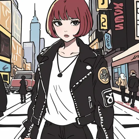 illustration by crepax, model with short straight red hair and ((bangs)) wearing a black biker jacket on the streets of new york, solo focus, high fashion, <lora:biker_jacket0:0.1>, expressive, <lora:guidocrepax:0.7>