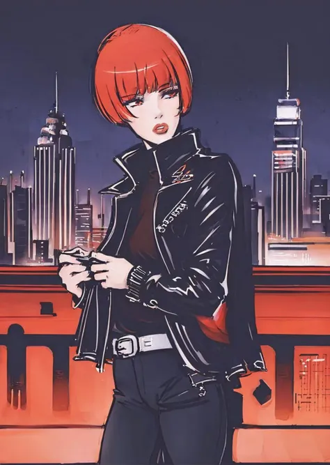 illustration by crepax, fashion model [molly ringwald | winona ryder] with straight (red) hair and bangs, wearing black biker jacket and black shirt and black pants, new york skyline in background ,  <lora:biker_jacket0:0.2>,   <lora:MollyR:0.5> <lora:Winona_Ryder:0.3>  <lora:guidocrepax:1>