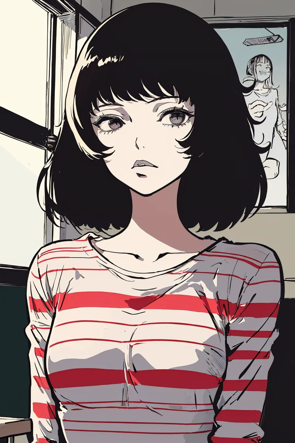 (masterpiece, best quality:1.2), <lora:sadayokawakami:.6>, sadayokawakamisweater, 1girl, solo, shirt, striped, striped shirt, indoors, classroom, chalkboard, window, looking at viewer, portrait, <lora:junji_ito_v6:1>, junji_ito style, <lora:guidocrepax:0.6>, crepax