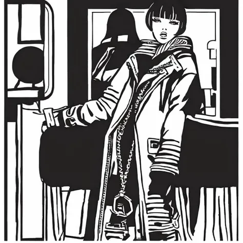 illustration by crepax, model with short straight red hair and ((bangs)) wearing a black biker jacket on the streets of new york, solo focus, high fashion, haute couture, <lora:biker_jacket0:0.1>, expressive, flowing, <lora:guidocrepax:0.7>
