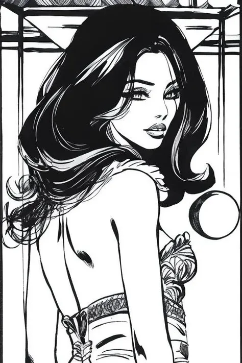 <lora:carlosgimenez:0.8> gimenez black and white drawing of a topless  woman with big earrings