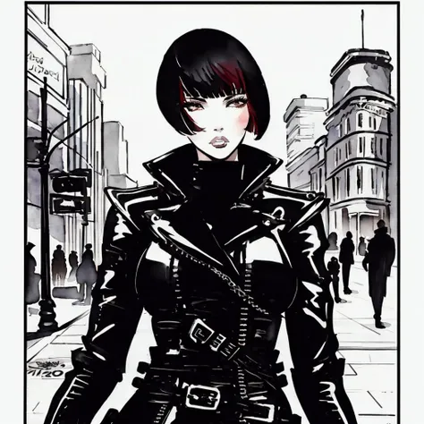 ink (((watercolor))) by crepax, model with short straight red hair and ((bangs)) wearing a black leather biker_jacket on the streets of new york, solo focus, high fashion, haute couture, , <lora:biker_jacket0:0.1>, expressive, flowing,
<lora:guidocrepax:1>