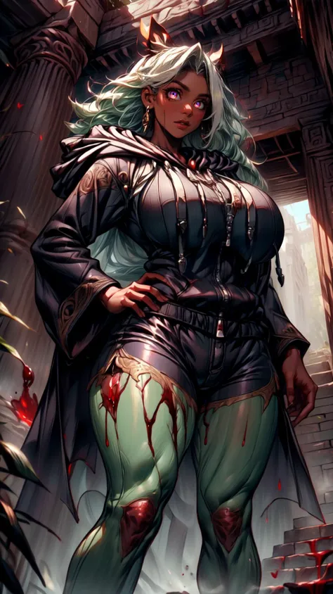 darkness, dark theme,blood, blood on face, blood on hands,
<lora:wind-upwind-v2-wasabiya:1> upwind, floating hair, wind lift,
(masterpiece, best quality, ultra-detailed, intricate details),<lora:Background_Detail_v3:0.5> <lora:add_detail:0.5>
((perfect female figure)),
(beautiful detailed eyes, ultra-detailed, intricate details,beautiful detailed face,perfect_face,perfect_hand),
Oak
(<lora:Dark Skin Beauty:1> dark_skin , ebony,),
AS-Adult:1.3,
(brow powder),
large breasts,
Sadness,
gym shorts,
messy hair:1.2,
widow's peak,
light green hair,
very long hair,
hair over one breast,
Inside an ancient Mayan jungle temple ruin structure architecture design aesthetic beauty mystery inside out somewhere nowhere anywhere anyone can just simply be,
Chilly weather,
looking_down
Legs apart, one hand on her hip and the other raised as if holding a bow, she channels the spirit of a legendary warrior,
From a tilted or Dutch angle, introducing an element of disorientation or drama,
portrait,
pale green,
<lora:OrganizationXIIICoat:1> Organization XIII Coat, (((hood up))),cleavage cutout, hooded,
<lora:BloodMagic:0.8> bloodmagic, fantasy, magical energy, ((blood))