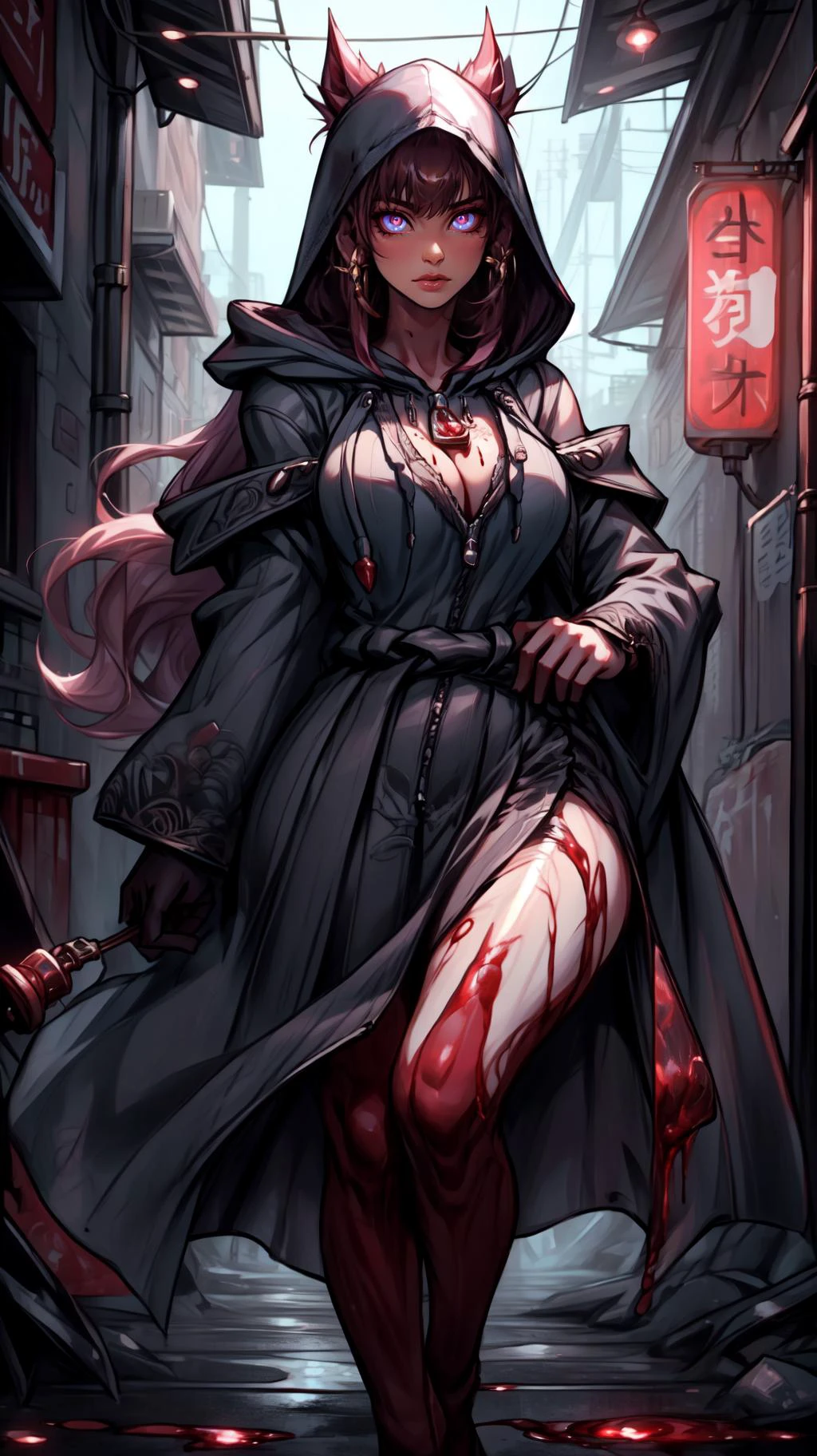 darkness, dark theme,blood, blood on face, blood on hands,
<lora:wind-upwind-v2-wasabiya:1> upwind, floating hair, wind lift,
(masterpiece, best quality, ultra-detailed, intricate details),<lora:Background_Detail_v3:0.5> <lora:add_detail:0.5>
((perfect female figure)),
(beautiful detailed eyes, ultra-detailed, intricate details,beautiful detailed face,perfect_face,perfect_hand),
Snow Maiden
(<lora:Dskin_v1.0:0.5> tan),
AS-YoungV2:1.3,
(lip gloss),
large breasts,
Superb,
pleated skirt,
wavy hair:1.2,
bangs,
purple hair,
very long hair,
hair over shoulder,
In the bustling city of Shanghai, neon lights dance along narrow alleyways filled with tantilizing smells emanating from local eateries serving up a storm of culinary delights,
Dry,
looking_at_object
With hips tilted to one side, hands resting just below her waist, she showcases a coy allure that's hard to resist,
Through a fish-eye lens, warping the periphery for a unique perspective,
head out of frame,
rose pink,
<lora:OrganizationXIIICoat:1> Organization XIII Coat, (((hood up))),cleavage cutout, hooded,
<lora:BloodMagic:0.8> bloodmagic, fantasy, magical energy, ((blood))