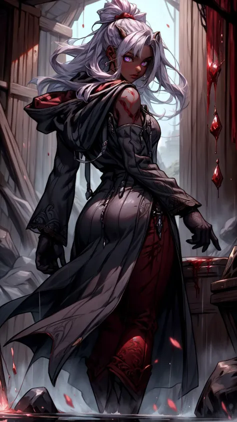 darkness, dark theme,blood, blood on face, blood on hands,
<lora:wind-upwind-v2-wasabiya:1> upwind, floating hair, wind lift,
(masterpiece, best quality, ultra-detailed, intricate details),<lora:Background_Detail_v3:0.5> <lora:add_detail:0.5>
((perfect female figure)),
(beautiful detailed eyes, ultra-detailed, intricate details,beautiful detailed face,perfect_face,perfect_hand),
Half Sheep People
(<lora:Dskin_v1.0:0.9>dark skin),
AS-YoungestV2:1.3,
(brow pencil),
large breasts,
Elated,
suspender skirt,
ringlets:1.2,
hair over one eye,
light purple hair,
very long hair,
hair over shoulder,
Perched high atop a mountain peak in Switzerland, a cozy chalet offers respite from the biting cold outside, its stone hearth crackling against icy precip,
Downpour,
looking_at_pussy
Legs apart, one hand on her hip and the other raised as if holding a bow, she channels the spirit of a legendary warrior,
From behind, highlighting the back of the subject and their environment,
cropped shoulders,
baby blue,
<lora:OrganizationXIIICoat:1> Organization XIII Coat, (((hood up))),cleavage cutout, hooded,
<lora:BloodMagic:0.8> bloodmagic, fantasy, magical energy, ((blood))