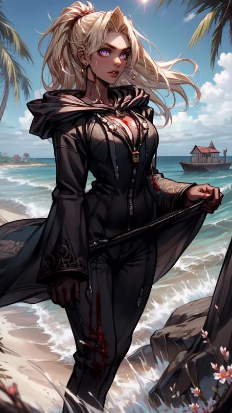 darkness, dark theme,blood, blood on face, blood on hands,
<lora:wind-upwind-v2-wasabiya:1> upwind, floating hair, wind lift,
(masterpiece, best quality, ultra-detailed, intricate details),<lora:Background_Detail_v3:0.5> <lora:add_detail:0.5>
((perfect female figure)),
(beautiful detailed eyes, ultra-detailed, intricate details,beautiful detailed face,perfect_face,perfect_hand),
Dragon
(<lora:Dskin_v1.0:0.5> tan),
AS-Adult:1.3,
(setting powder),
large breasts,
Worry,
pants,
spiked hair:1.2,
widow's peak,
blonde hair,
very long hair,
hair over crotch,
On the sun-soaked shores of Goa, palm trees sway rhythmically to the beat of waves crashing on the sand, while colorful beach huts dot the landscape, inviting weary travelers to rest and rejuvenate under the warm tropical sun,
Windy weather,
looking_at_flowers
Leaning forward, her fingers lightly playing with a lock of hair, she emanates a playful flirtation,
From above, looking straight down at the subject,
profile,
sky blue,
<lora:OrganizationXIIICoat:1> Organization XIII Coat, (((hood up))),cleavage cutout, hooded,
<lora:BloodMagic:0.8> bloodmagic, fantasy, magical energy, ((blood))