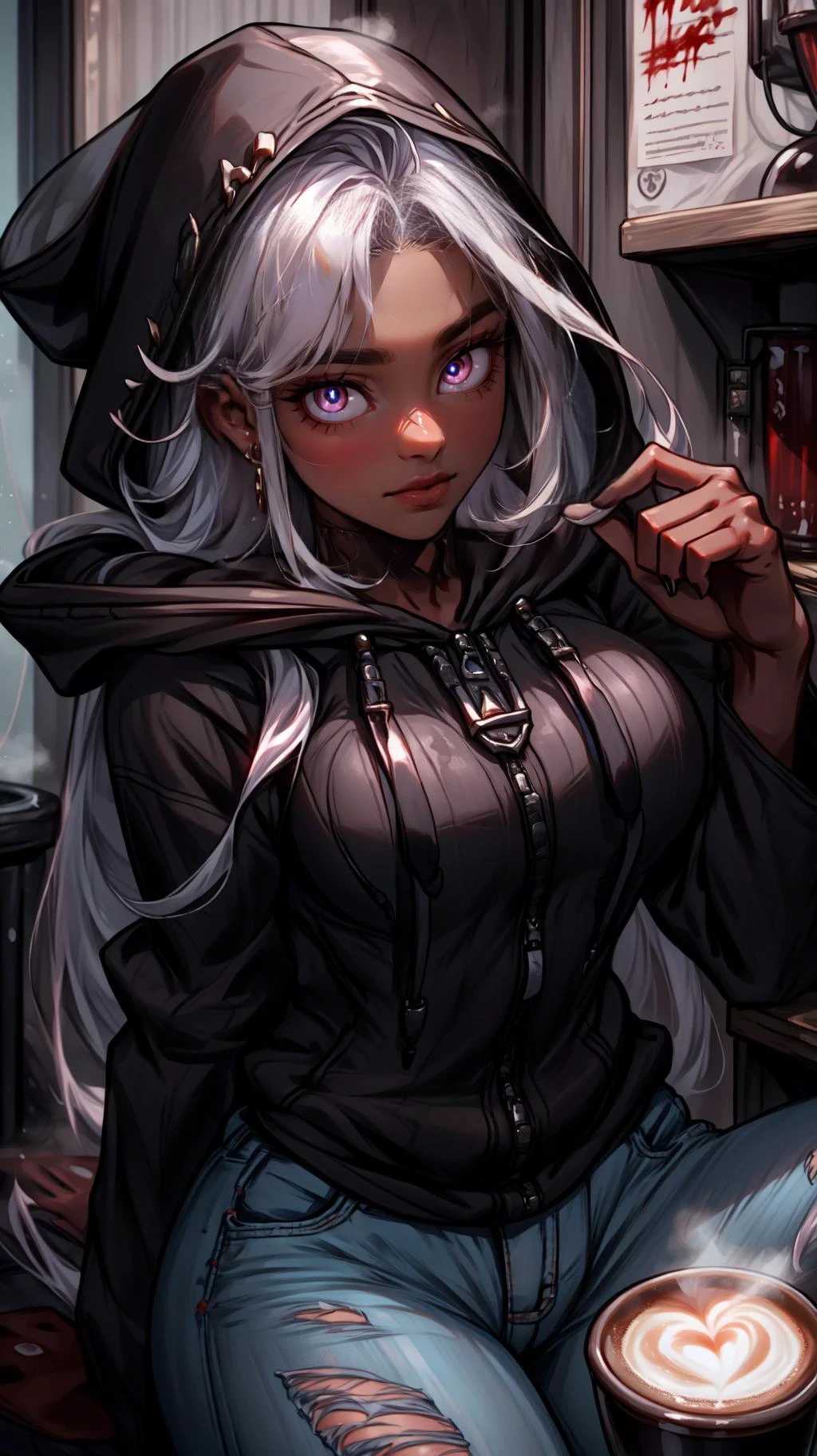 darkness, dark theme,blood, blood on face, blood on hands,
<lora:wind-upwind-v2-wasabiya:1> upwind, floating hair, wind lift,
(masterpiece, best quality, ultra-detailed, intricate details),<lora:Background_Detail_v3:0.5> <lora:add_detail:0.5>
((perfect female figure)),
(beautiful detailed eyes, ultra-detailed, intricate details,beautiful detailed face,perfect_face,perfect_hand),
Lilliputian
(<lora:Dskin_v1.0:0.8>dark skin),
AS-YoungV2:1.3,
(nail polish),
large breasts,
Smirk,
cutoff jeans,
twin drills:1.2,
swept bangs,
black hair,
very long hair,
hair over one breast,
Inside a modern glass high-rise office building in Manhattan, NY, in the deafening silence broken only by the sound of keyboard typing away at lightning speed, there exists a humble corner coffee shop with people talking business over steaming cups of coffee,
Flash flood weather,
looking_at_hands
Lying down, propped up on one elbow, with a finger resting against her lips, she exudes mystery and ancient allure,
From a low-angle perspective, looking upwards,
cowboy shot,
pastel purple,
<lora:OrganizationXIIICoat:1> Organization XIII Coat, (((hood up))),cleavage cutout, hooded,
<lora:BloodMagic:0.8> bloodmagic, fantasy, magical energy, ((blood))