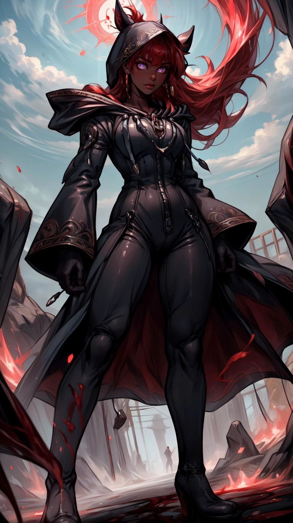 darkness, dark theme,blood, blood on face, blood on hands,
<lora:wind-upwind-v2-wasabiya:1> upwind, floating hair, wind lift,
(masterpiece, best quality, ultra-detailed, intricate details),<lora:Background_Detail_v3:0.5> <lora:add_detail:0.5>
((perfect female figure)),
(beautiful detailed eyes, ultra-detailed, intricate details,beautiful detailed face,perfect_face,perfect_hand),
Ghoul
(<lora:Dskin_v1.0:0.6>dark skin),
AS-YoungV2:1.3,
(false lashes),
large breasts,
Splendid,
detached pants,
twin drills:1.2,
blunt bangs,
red hair,
very long hair,
hair censor,
On a desolate stretch of Australian outback under a blazing sun, an aging cattle ranch stands tall amidst miles of nothing but silence and dust,
Windy,
looking_at_watch
Legs apart, one hand on her hip and the other raised as if holding a bow, she channels the spirit of a legendary warrior,
From a tilted or Dutch angle, introducing an element of disorientation or drama,
very wide shot,
light red,
<lora:OrganizationXIIICoat:1> Organization XIII Coat, (((hood up))),cleavage cutout, hooded,
<lora:BloodMagic:0.8> bloodmagic, fantasy, magical energy, ((blood))