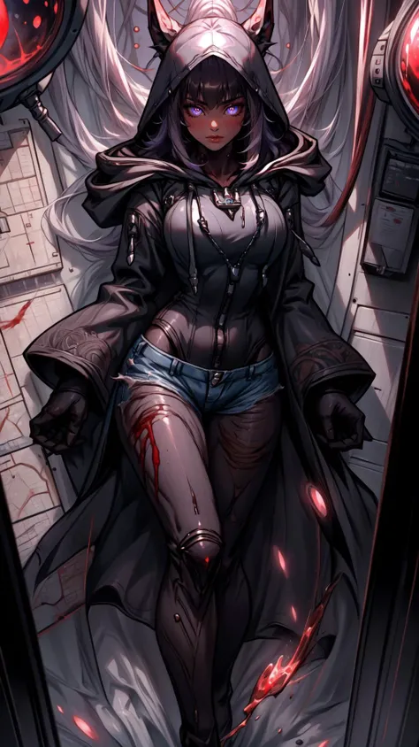 darkness, dark theme,blood, blood on face, blood on hands,
<lora:wind-upwind-v2-wasabiya:1> upwind, floating hair, wind lift,
(masterpiece, best quality, ultra-detailed, intricate details),<lora:Background_Detail_v3:0.5> <lora:add_detail:0.5>
((perfect female figure)),
(beautiful detailed eyes, ultra-detailed, intricate details,beautiful detailed face,perfect_face,perfect_hand),
Sagittarius
(<lora:Dskin_v1.0:1>dark skin),
AS-YoungV2:1.3,
(setting spray),
large breasts,
Frustrated,
denim shorts,
hair flaps:1.2,
blunt bangs,
purple hair,
very long hair,
hair scarf,
Aboard a spacecraft cruising through the cosmic expanse, artificial gravity simulates Earth-like conditions as astronauts float weightlessly through narrow corridors, their voices muffled by the hum of life support systems,
Snowy,
looking_at_map
Floating, with a hand extended forward and eyes closed, she appears to be a source of inspiration, transcending earthly bounds,
From a bird's-eye view, capturing the entirety from above,
lower body,
lavender,
<lora:OrganizationXIIICoat:1> Organization XIII Coat, (((hood up))),cleavage cutout, hooded,
<lora:BloodMagic:0.8> bloodmagic, fantasy, magical energy, ((blood))