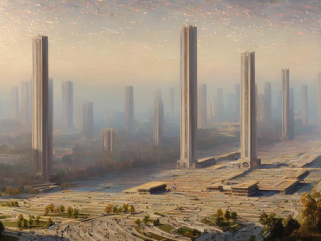 authoritarian, (masterpiece:1.3), (best quality:1.2), chiaroscuro, ( Unreal Engine, CGI render, Hyperdetailed, scenery, city, vivid colors, buildings, idealized American city, busy city center, picturesque parks and greenery areas, gentle city canals, modern era photograph, skyscrapers, ), ultra high quality model, 8k Ultra HD, perfect composition, beautiful detailed intricate insanely detailed octane render, 8 k artistic photography, photorealistic concept art, soft natural volumetric cinematic perfect light, perfect depth of field shot, ray tracing, photometry, metallic deep colors, beautiful,
(uploaded and trending on imgur, pixiv, furaffinity, pinterest, e621, inkbunny, tumblr, deviantart, artstation, ),
((in the style of and art by midjourney, raphael, greg rutkowski, Frank Lloyd Wright, James Gurney, Thomas Kinkade, )),
<lora:Authoritarian Architecture (AD):0.85>