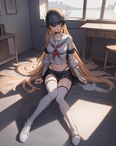 ((masterpiece, best quality)),a girl, solo, serafuku, thighhighs, skirt, lying, ribbon, upperbody, class room, indoors, shirt, neckerchief, school uniform, long hair, black thighhighs, looking at viewer, blue eyes, black serafuku, black skirt, red ribbon, long sleeves, pleated skirt, blonde hair, wood floor,   <lora:digimonAngewomon_v20:0.6> , digimonAngewomon_v20