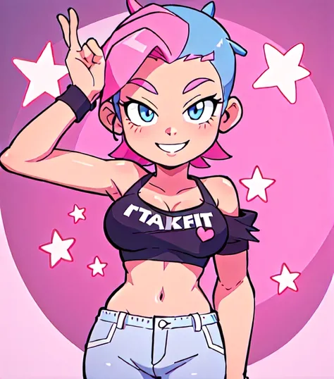 masterpiece, best quality, solo, 1girl, high resolution, full body, perfect body, perfect face, great detail, depth of field, , smile, cartoon, cartoony, stylized, cartoonish, sexy,Pink hair, spikey hair, blue eyes, crop top, midriff, toned belly, headphones, concert background, singer, rockstar, popstar, Skinny jeans, cel shaded,