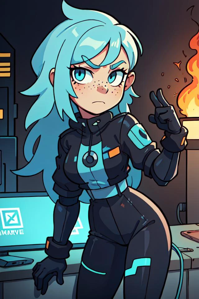 (best quality, masterpiece:1.2), 1 girl,  woman, freckles, light blue eyes, light blonde updo hairstyle,    solo, half shot, looking down, detailed background, detailed face, (<lora:JoltTech:0.6>, excessive energy, thunder, scifi, jolttech theme:1.1),  lightning bolts shooting from eyes, storm-mage, wrath of the lightning, wearing elaborate blue arcanist clothes,  cloak billowing dramatically, magical talisman, ancient spear of enchanted lightning,  arms extended,   flying sparks, holding ball of crackling, lightning,   moonlit night sky in background, dark lighting, <lora:LightingVFX:0.2>, epic atmosphere,