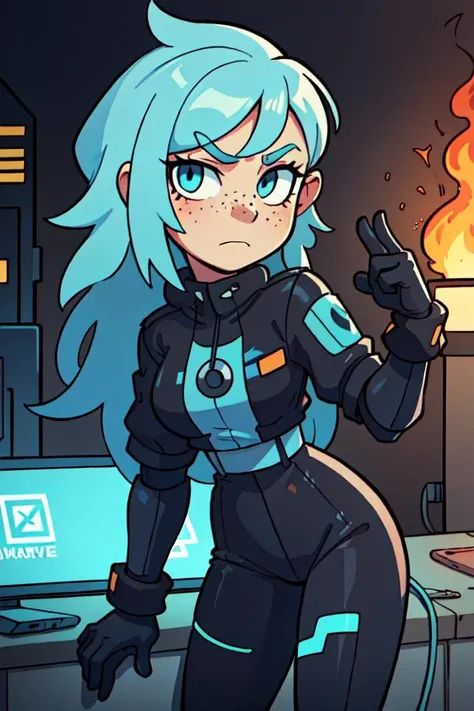 (best quality, masterpiece:1.2), 1 girl,  woman, freckles, light blue eyes, light blonde updo hairstyle,    solo, half shot, looking down, detailed background, detailed face, (<lora:JoltTech:0.6>, excessive energy, thunder, scifi, jolttech theme:1.1),  lightning bolts shooting from eyes, storm-mage, wrath of the lightning, wearing elaborate blue arcanist clothes,  cloak billowing dramatically, magical talisman, ancient spear of enchanted lightning,  arms extended,   flying sparks, holding ball of crackling, lightning,   moonlit night sky in background, dark lighting, <lora:LightingVFX:0.2>, epic atmosphere,