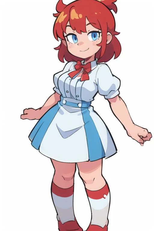 1girl, <lora:WendyW:0.7>, wendyw, striped socks, white and blue dress, red hair, holding a burger