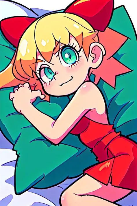 <lora:Roll3D:0.6> Roll3D 1girl,red dress, green bow, blonde hair, blue eyes, laying in a bed, head on pillow, scene from megaman