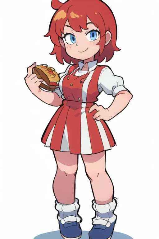 1girl,  <lora:WendyW:0.7>,  wendyw, striped socks, white and blue dress, red hair, holding a burger