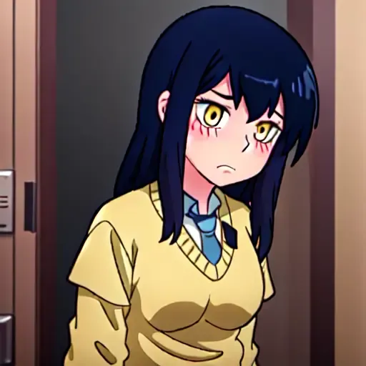 <lora:mierukoChanMiko_1:1>, solo, breasts, blush, black hair, Abandonated restroom background,Scary background,School dress, closed mouth, yellow eyes, upper body.