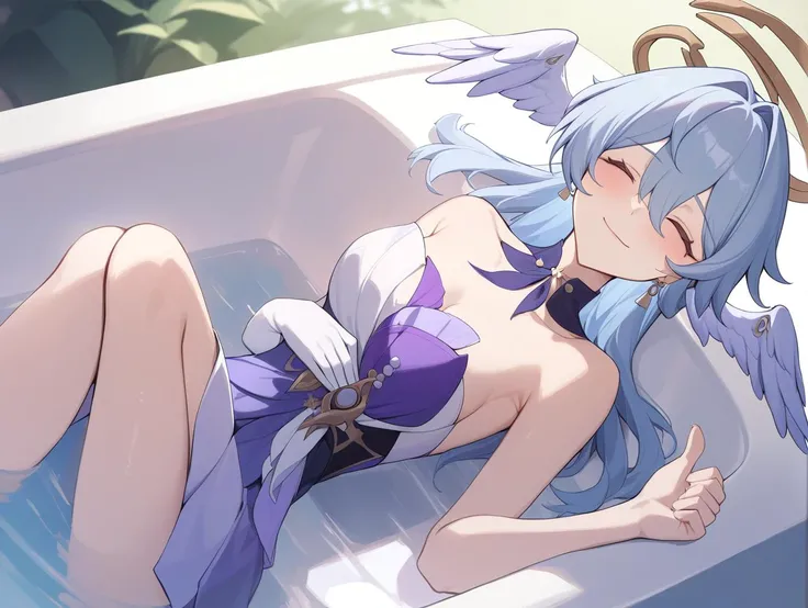 (a girl lying in bathtub happily)masterpiece,best quality,robin_(honkai:_star_rail), head_wings, 1girl, looking_at_viewer, halo, dress, bare_shoulders, <lora:robin_sunday:1>,smirk, closed eyes, closed mouth, ^ ^,cowboy shot,lying on back,(thumbs up:1.2),