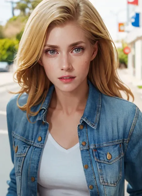 professional photography, portrait of a woman in denim jacket and white tee, at California, bold, bright colours, (high detailed skin:1.1)
<lora:amy_adams_lora_v01:1> amyada, blond
