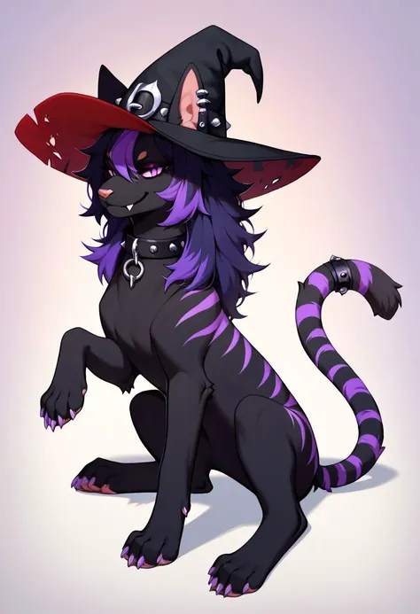 (score_9, score_8_up), score_7_up, score_6_up, (feral), Goth girl, cat, furry, anthro, anime, solo, (witch hat), animal, (body fur), (black body, black skin, black fur), eyelashes, eyeliner, (black hair, purple hair, streaked hair), (long hair, messy hair, wild hair), animal ears, smirk, fang, purple stripes, slit pupils, beautiful eyes, thin tail, tail ring, punk, piercings, collar, bandages, paws, uncensored,